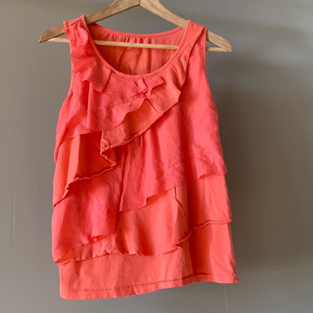 Coral tank top with asymmetric fabric layers across front